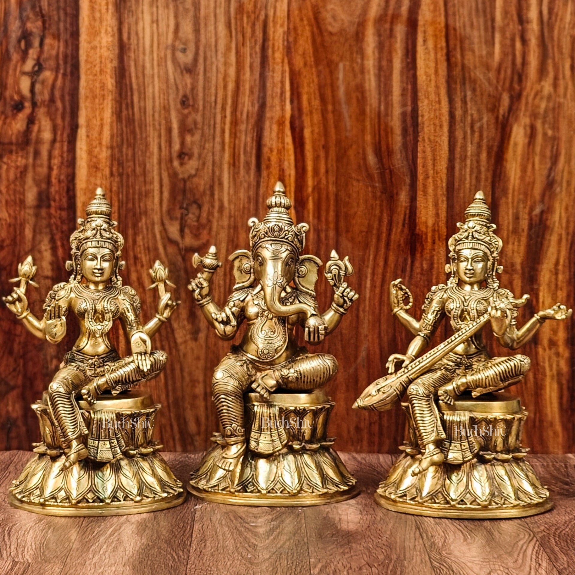 Handcrafted Brass Ganesha Lakshmi Saraswati Idols on Lotus Base 15" - Budhshiv.com