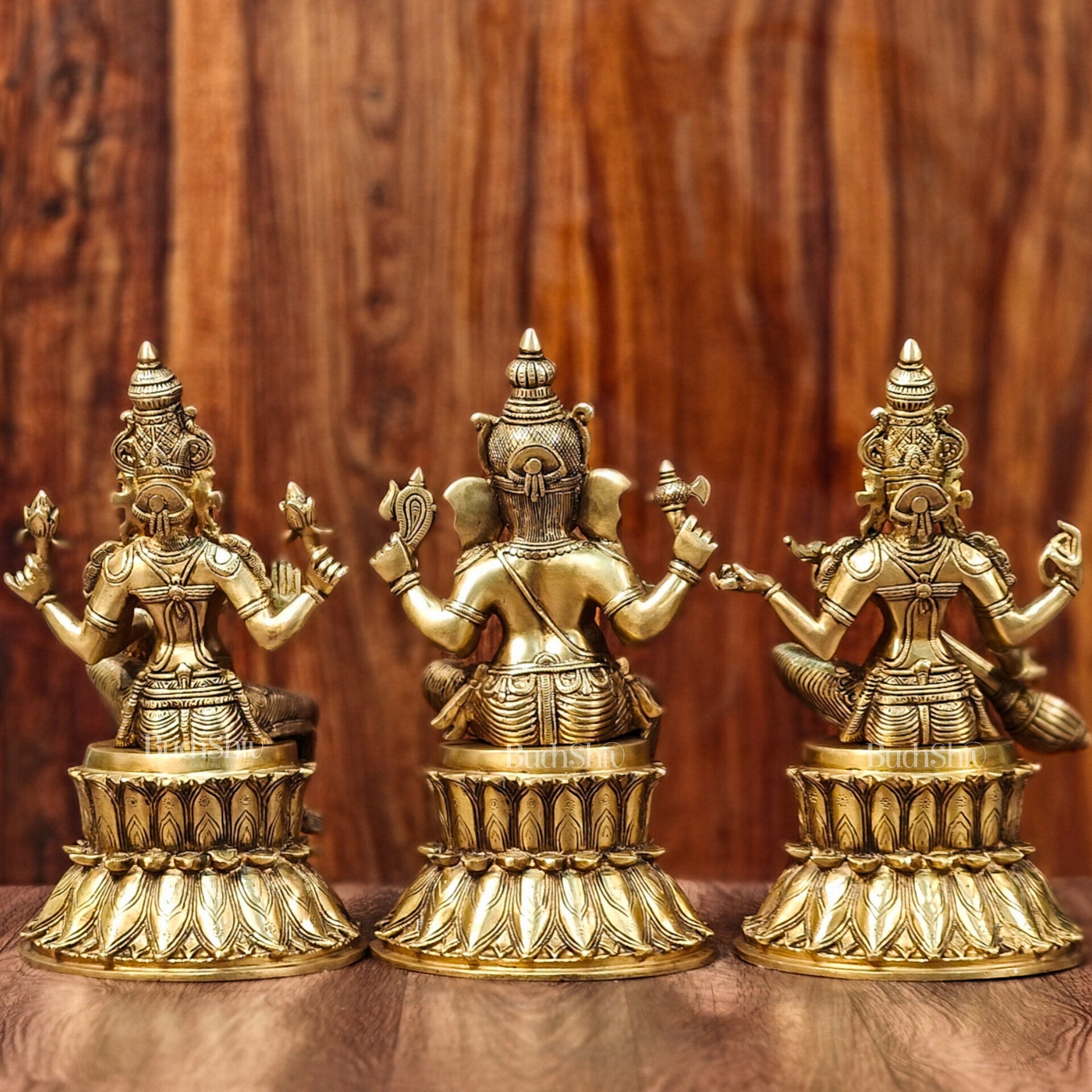Handcrafted Brass Ganesha Lakshmi Saraswati Idols on Lotus Base 15" - Budhshiv.com
