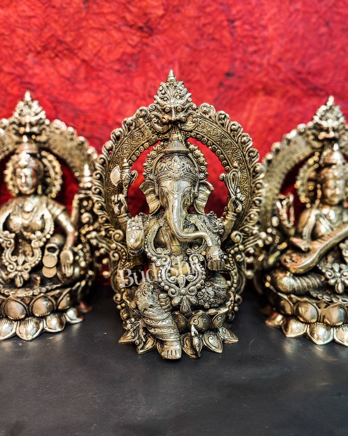 Handcrafted Brass Ganesha Lakshmi Saraswati Idols with Prabhavali 15 inch - Budhshiv.com