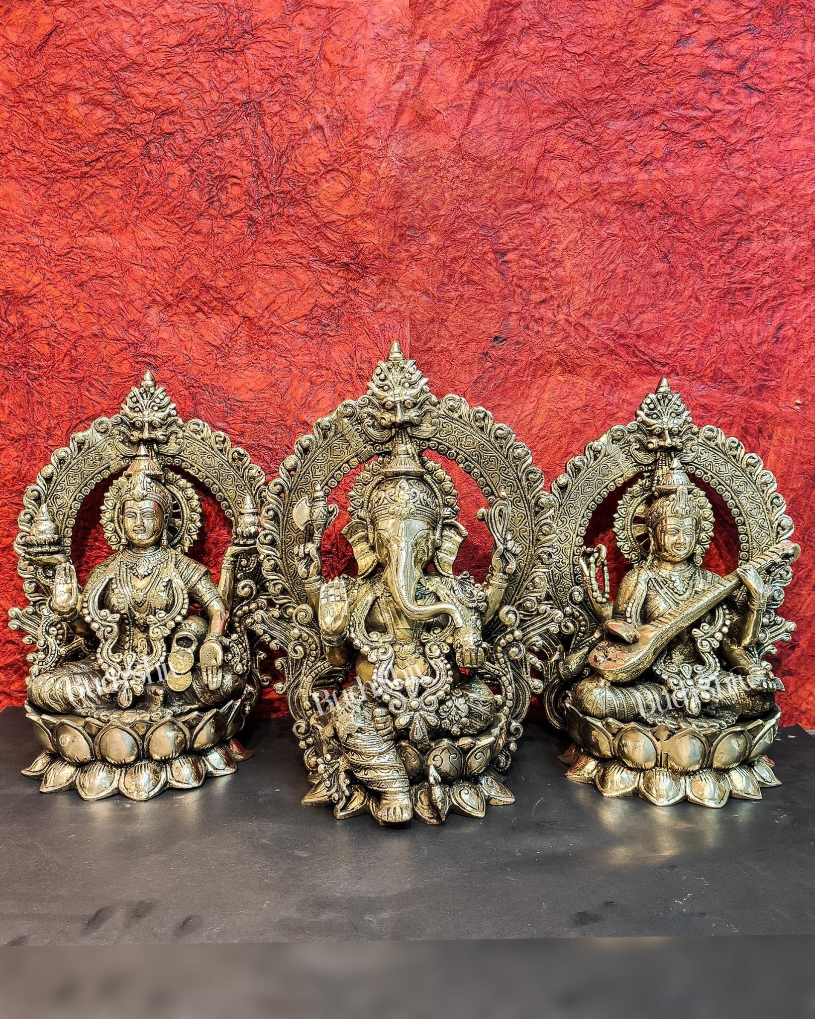 Handcrafted Brass Ganesha Lakshmi Saraswati Idols with Prabhavali 15 inch - Budhshiv.com