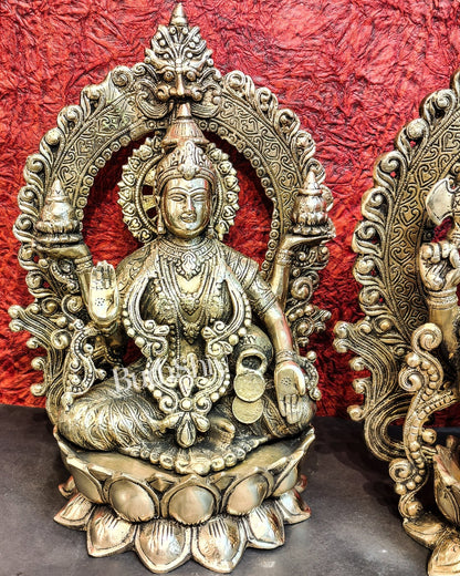 Handcrafted Brass Ganesha Lakshmi Saraswati Idols with Prabhavali 15 inch - Budhshiv.com