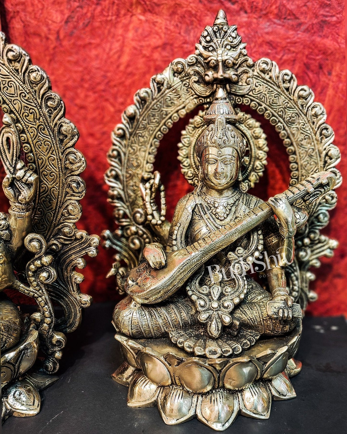 Handcrafted Brass Ganesha Lakshmi Saraswati Idols with Prabhavali 15 inch - Budhshiv.com