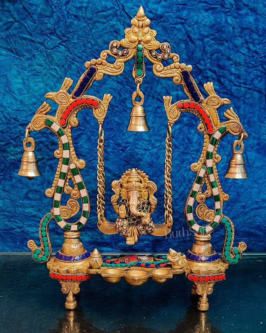 Handcrafted Brass Ganesha on Swing with Three Diyas 13" - Budhshiv.com