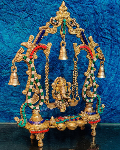 Handcrafted Brass Ganesha on Swing with Three Diyas 13" - Budhshiv.com