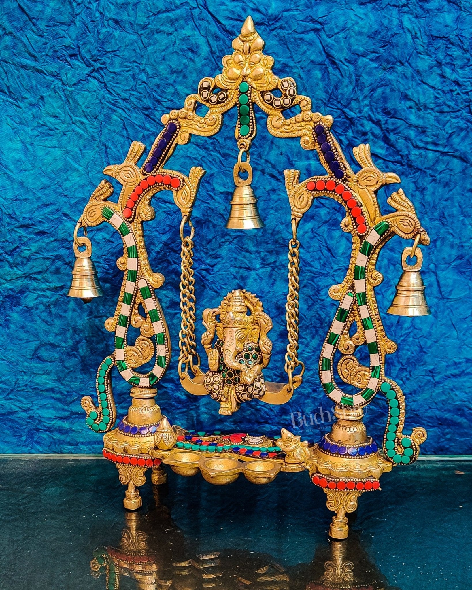 Handcrafted Brass Ganesha on Swing with Three Diyas 13" - Budhshiv.com