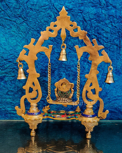 Handcrafted Brass Ganesha on Swing with Three Diyas 13" - Budhshiv.com