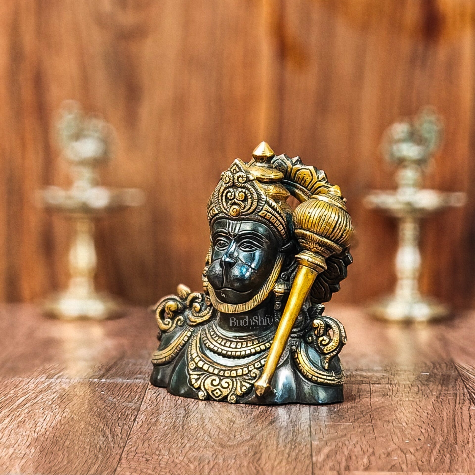 Handcrafted Brass Hanuman Ji Bust | Superfine Quality | 8" Height | Black and Gold - Budhshiv.com