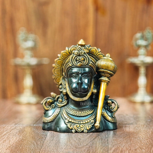 Handcrafted Brass Hanuman Ji Bust | Superfine Quality | 8" Height | Black and Gold - Budhshiv.com