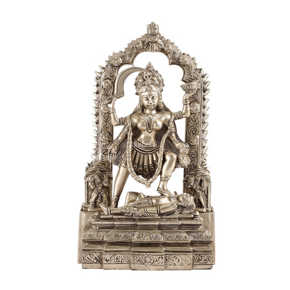 Handcrafted Brass Kali Ma Statue with Temple Arch - Silver Plated - Budhshiv.com