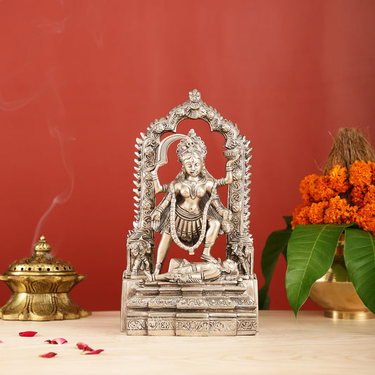 Handcrafted Brass Kali Ma Statue with Temple Arch - Silver Plated - Budhshiv.com