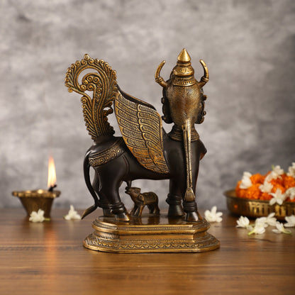 Handcrafted Brass Kamdhenu Cow with Calf Statue | Black and Gold | 10" - Budhshiv.com