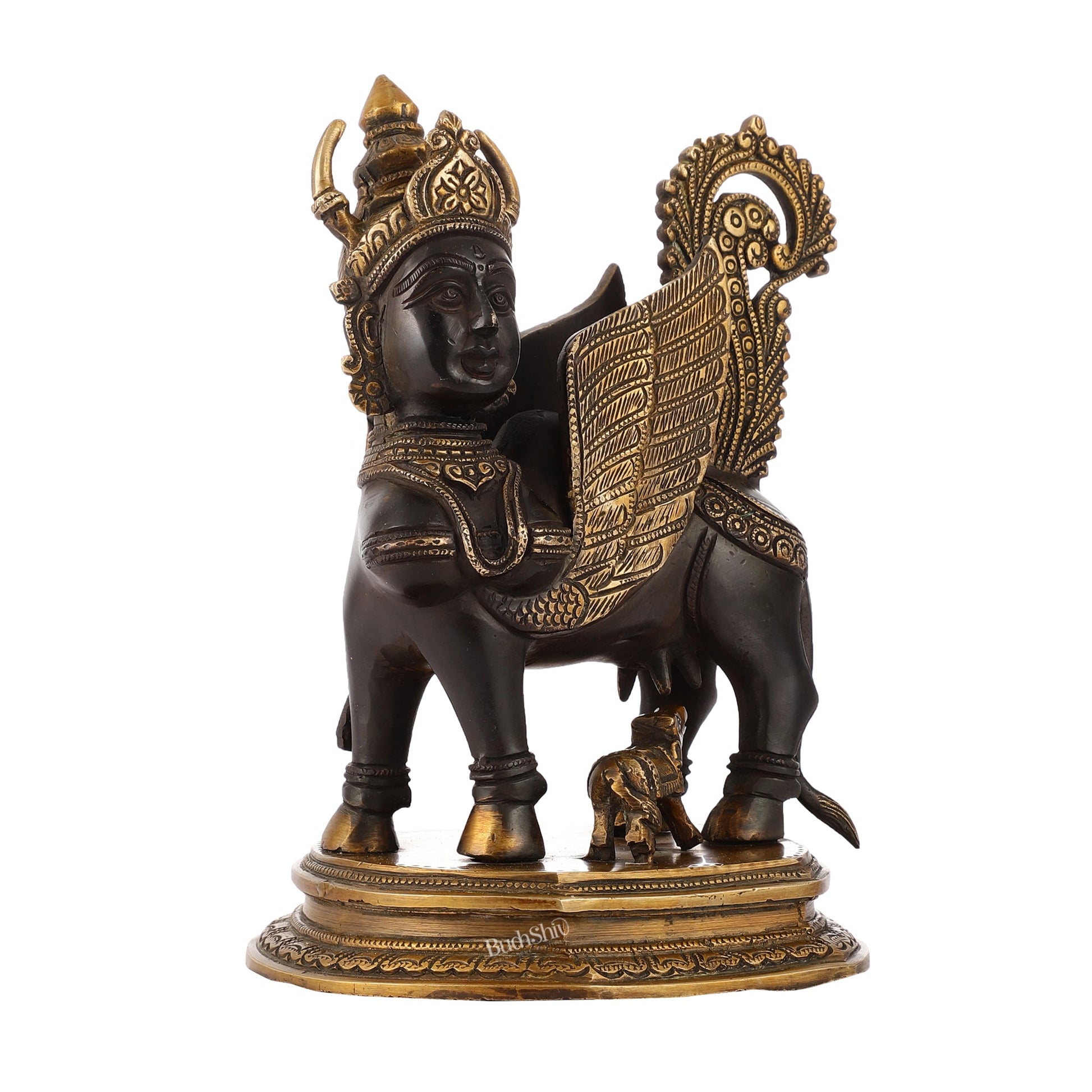 Handcrafted Brass Kamdhenu Cow with Calf Statue | Black and Gold | 10" - Budhshiv.com