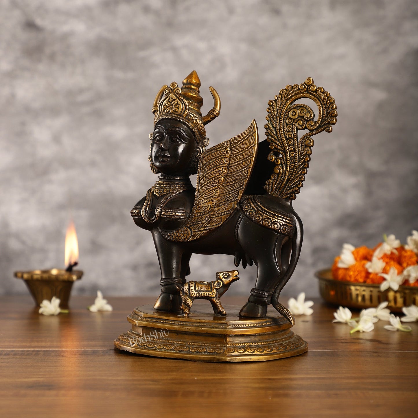 Handcrafted Brass Kamdhenu Cow with Calf Statue | Black and Gold | 10" - Budhshiv.com