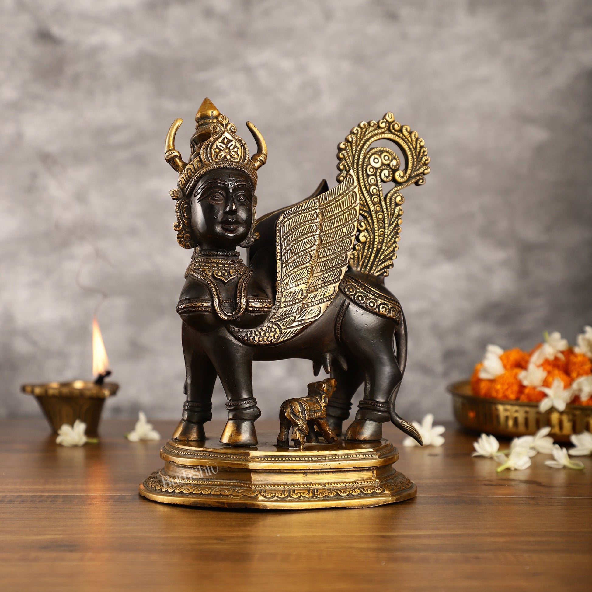 Handcrafted Brass Kamdhenu Cow with Calf Statue | Black and Gold | 10" - Budhshiv.com