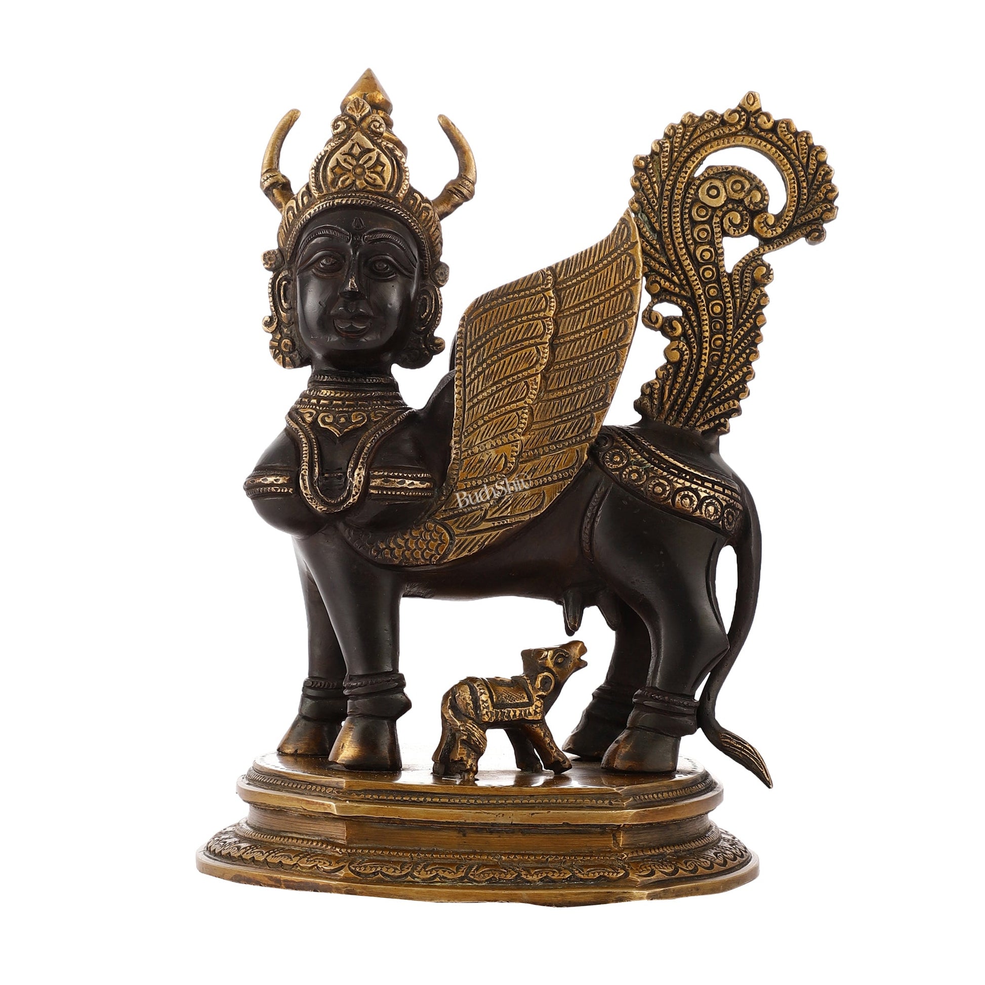 Handcrafted Brass Kamdhenu Cow with Calf Statue | Black and Gold | 10" - Budhshiv.com