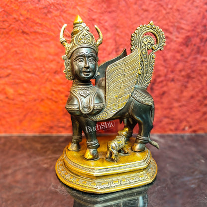 Handcrafted Brass Kamdhenu Cow with Calf Statue | Black and Gold Finish | 10" x 8" x 6" - Budhshiv.com