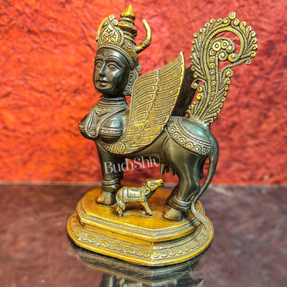 Handcrafted Brass Kamdhenu Cow with Calf Statue | Black and Gold Finish | 10" x 8" x 6" - Budhshiv.com