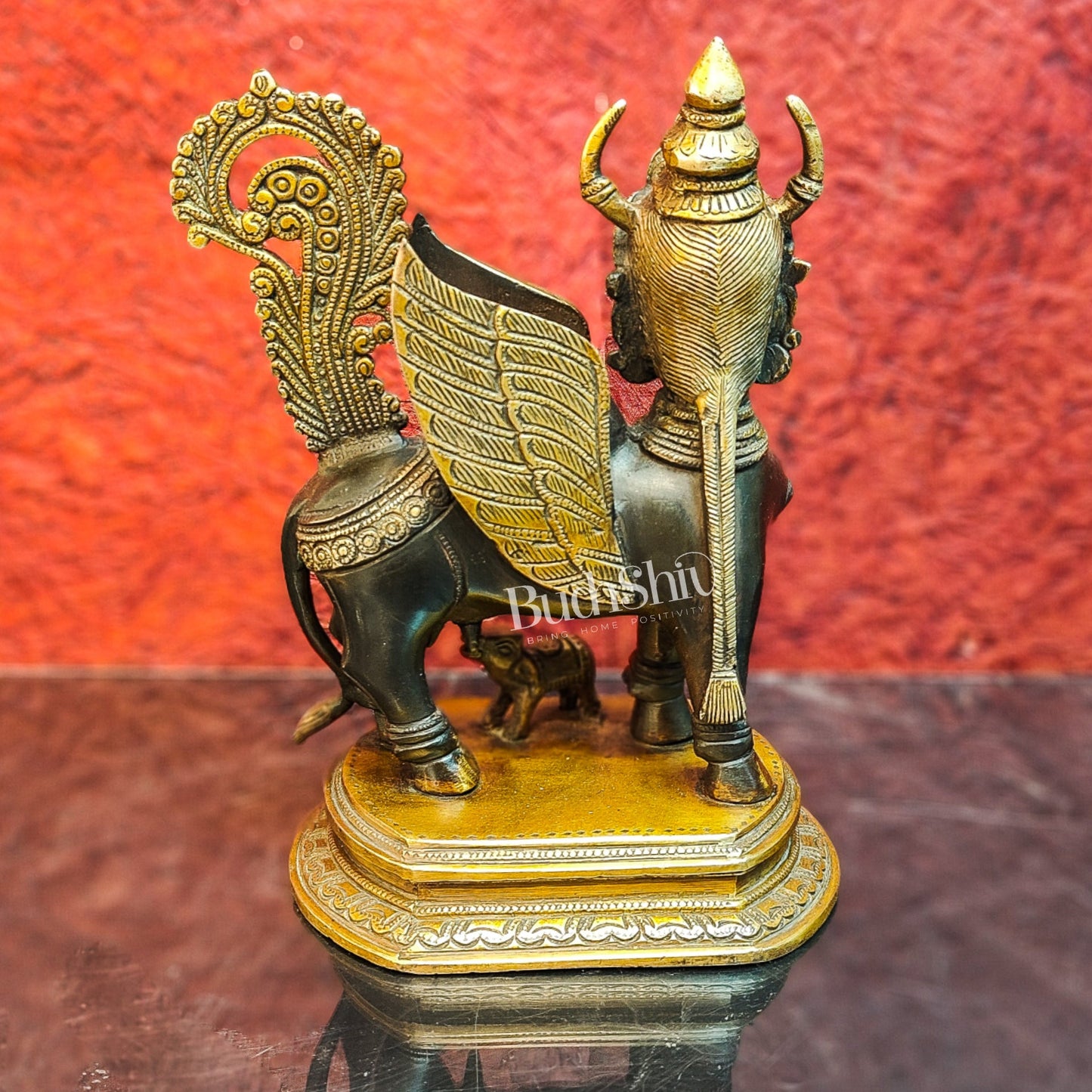 Handcrafted Brass Kamdhenu Cow with Calf Statue | Black and Gold Finish | 10" x 8" x 6" - Budhshiv.com