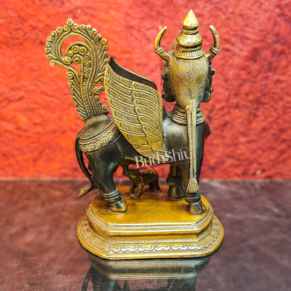 Handcrafted Brass Kamdhenu Cow with Calf Statue | Black and Gold Finish | 10" x 8" x 6" - Budhshiv.com