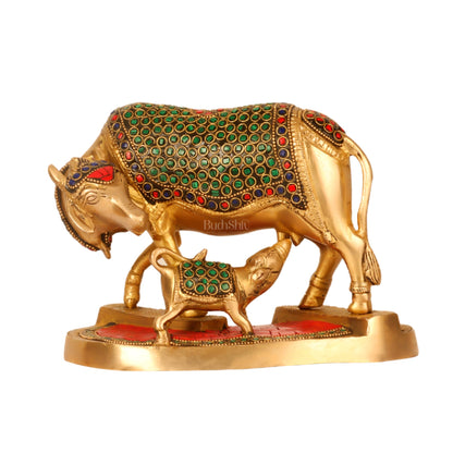 Handcrafted Brass Kamdhenu Cow with Calf Statue - Divine Symbol of Abundance and Love 6" - Budhshiv.com