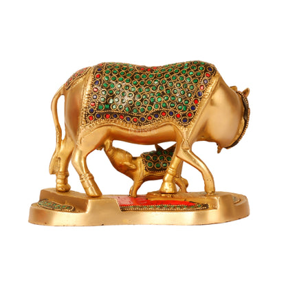 Handcrafted Brass Kamdhenu Cow with Calf Statue - Divine Symbol of Abundance and Love 6" - Budhshiv.com