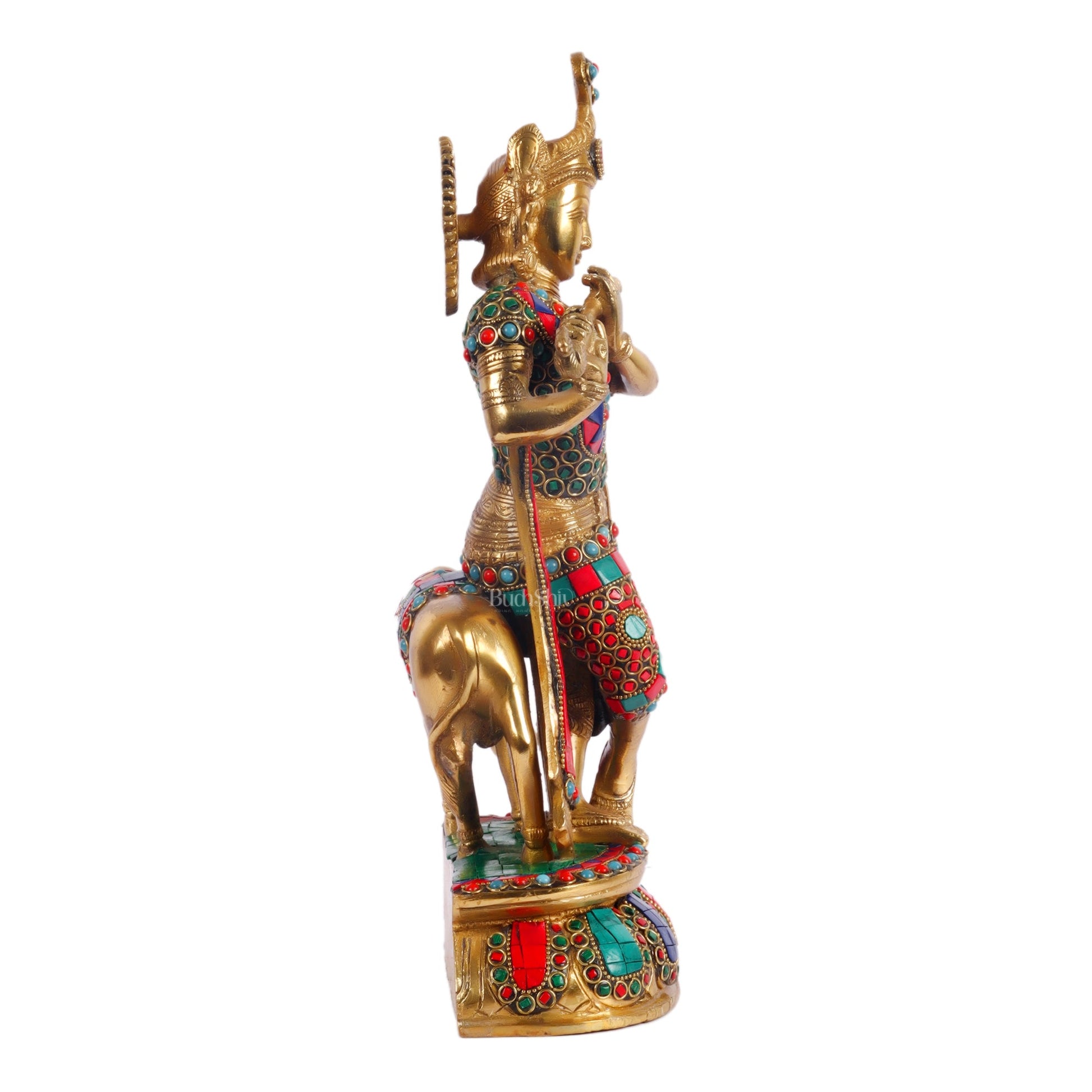 Handcrafted Brass Krishna Playing Flute with Cow Statue - 14 inch - Budhshiv.com