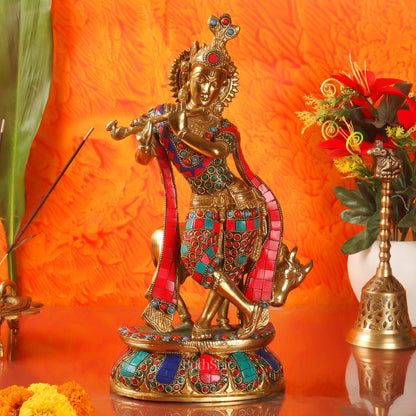 Handcrafted Brass Krishna Playing Flute with Cow Statue - 14 inch - Budhshiv.com