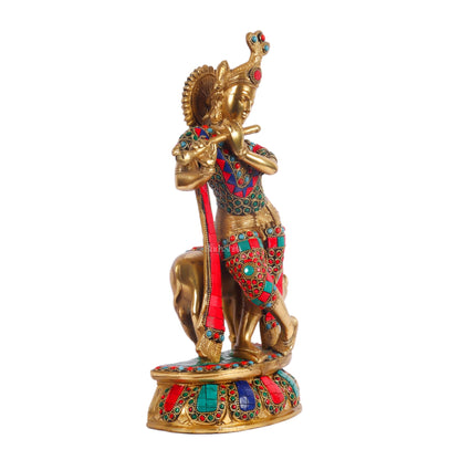 Handcrafted Brass Krishna Playing Flute with Cow Statue - 14 inch - Budhshiv.com