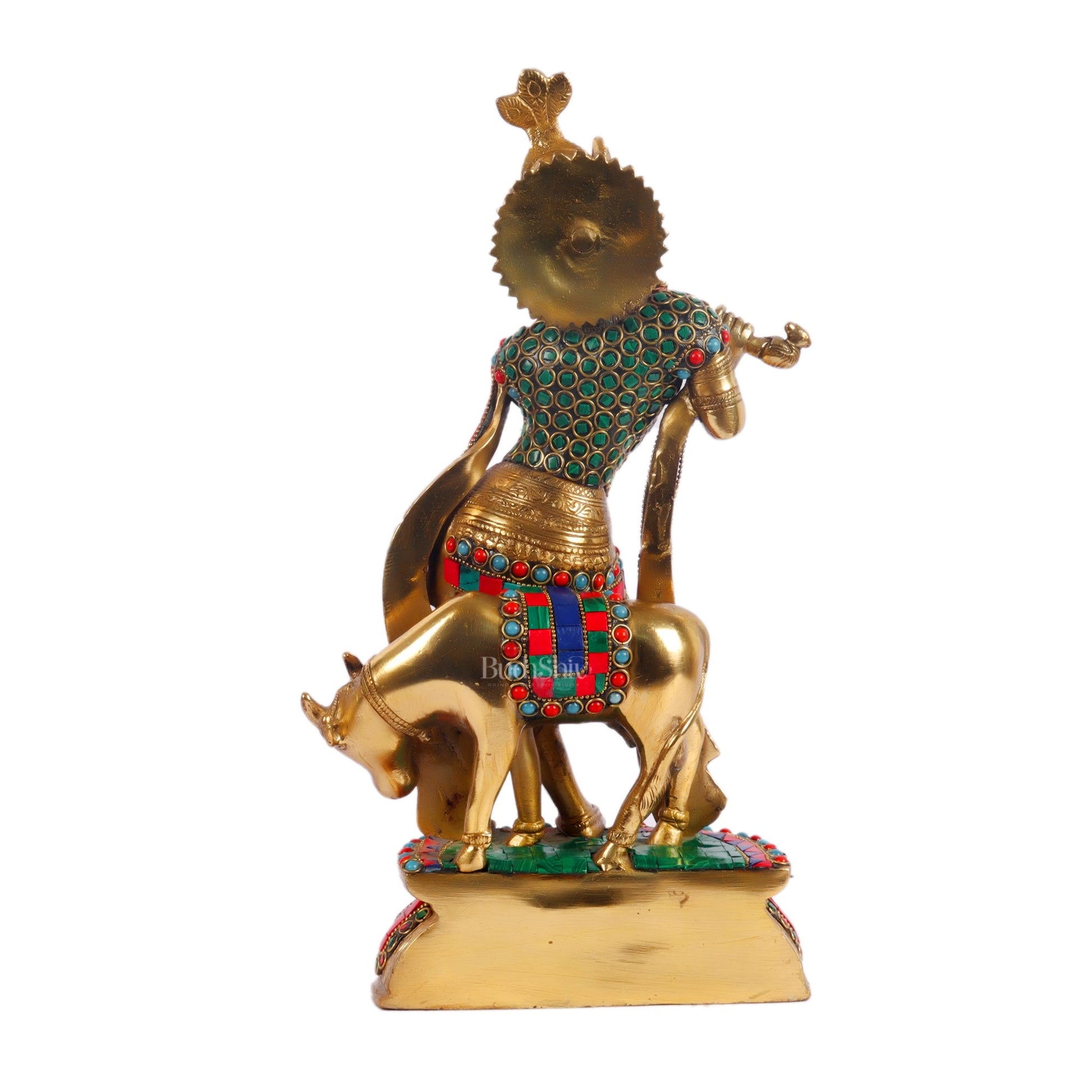 Handcrafted Brass Krishna Playing Flute with Cow Statue - 14 inch - Budhshiv.com