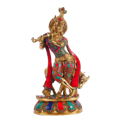 Handcrafted Brass Krishna Playing Flute with Cow Statue - 14 inch - Budhshiv.com