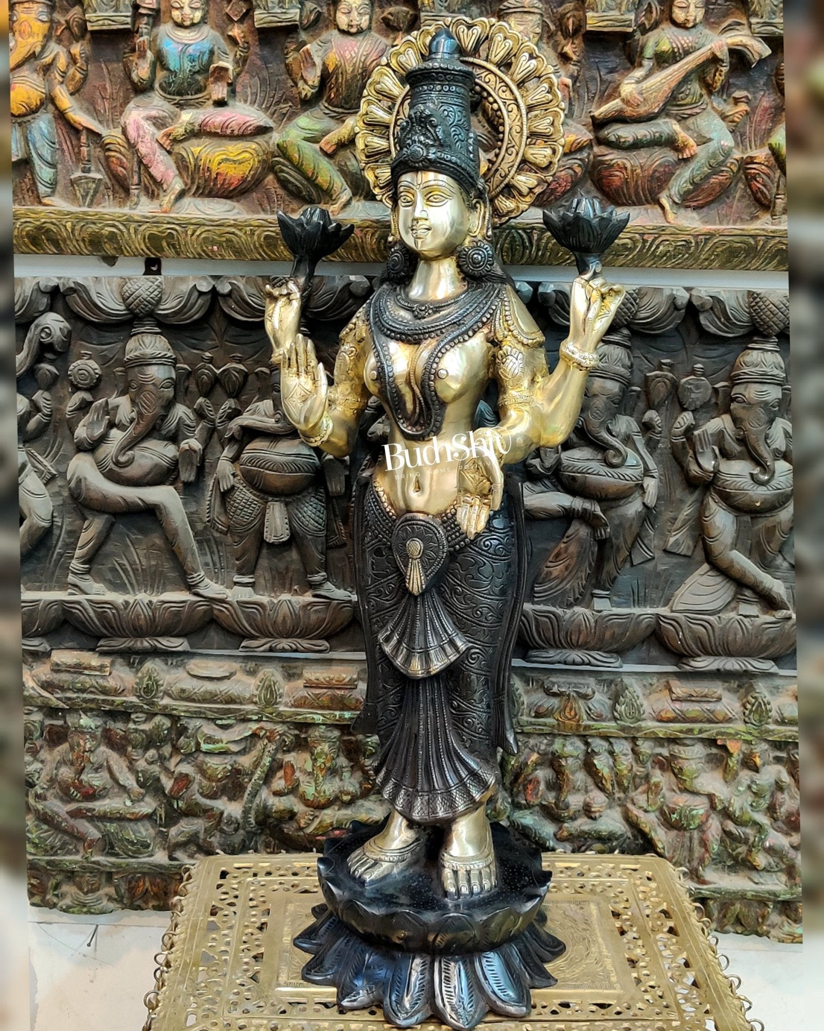 Handcrafted Brass Lakshmi Standing Statue 32" - Budhshiv.com