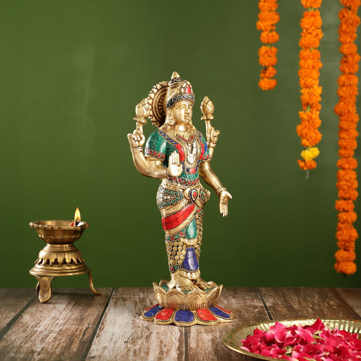 Handcrafted Brass Lakshmi Statue - 17" Height | Divine Brass idol - Budhshiv.com