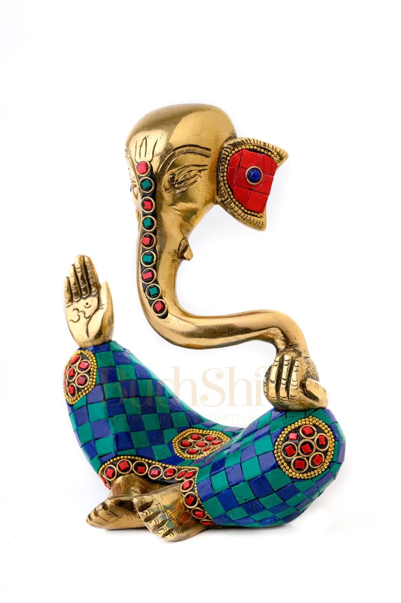 Handcrafted Brass Lord Ganesha Idol with Natural Coloured Stones | Height 8.5 inches - Budhshiv.com