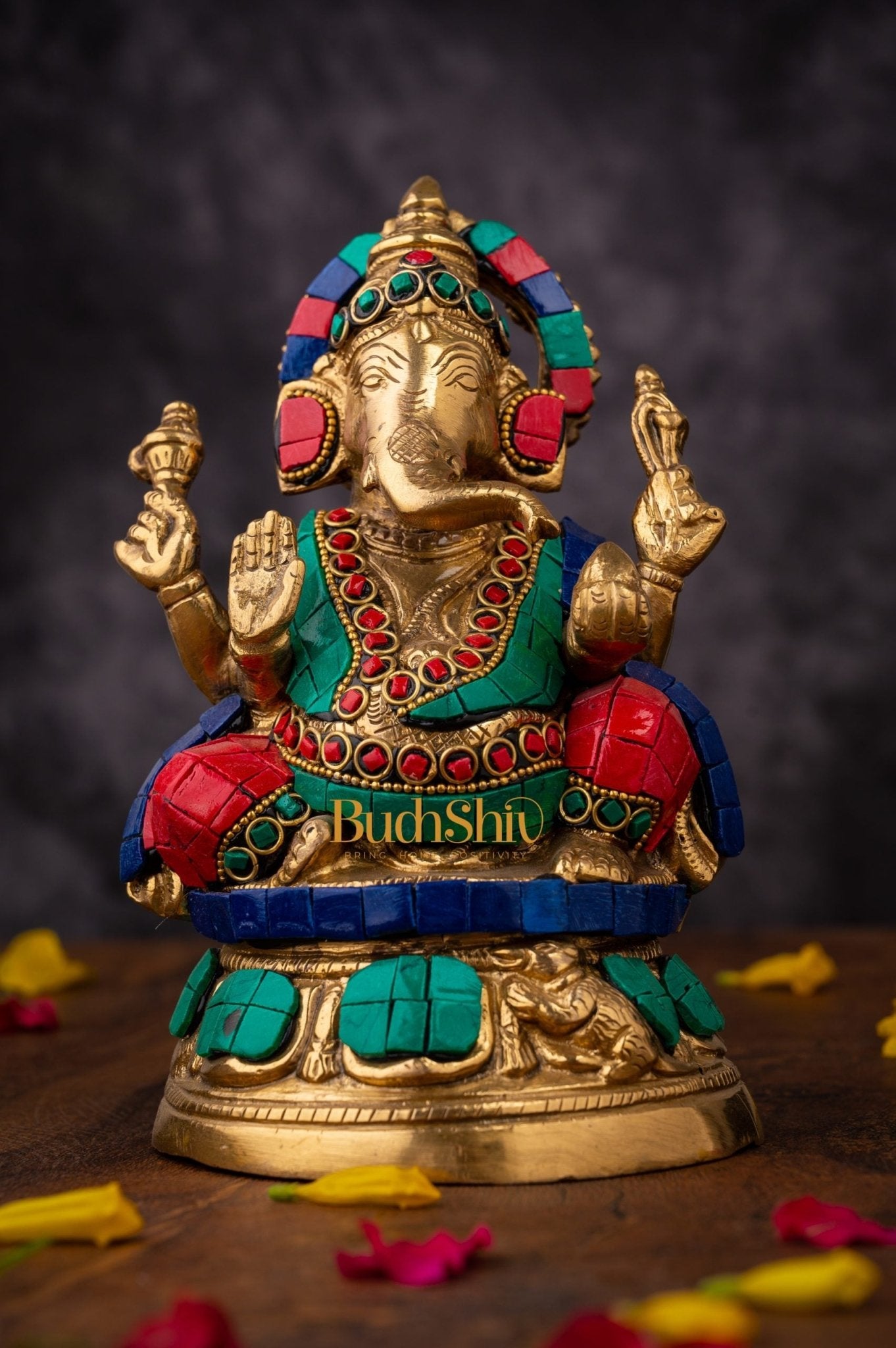 Handcrafted Brass Lord Ganesha Idol with Natural Stones | 6 inch - Budhshiv.com