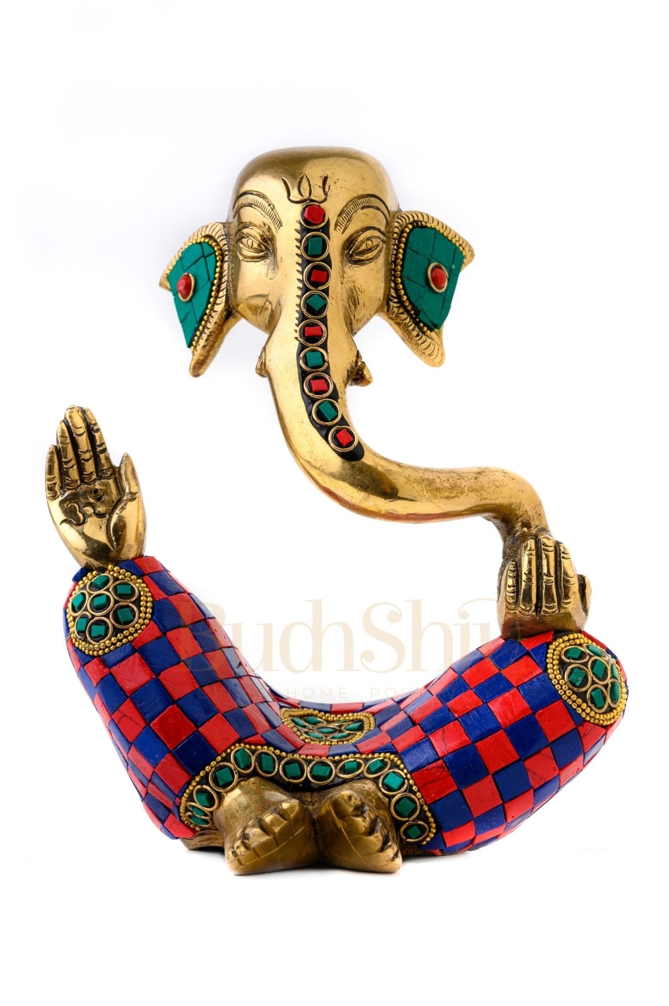 Handcrafted Brass Lord Ganesha Idol with Natural Stones | Height 8.5 inches - Budhshiv.com