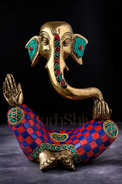 Handcrafted Brass Lord Ganesha Idol with Natural Stones | Height 8.5 inches - Budhshiv.com