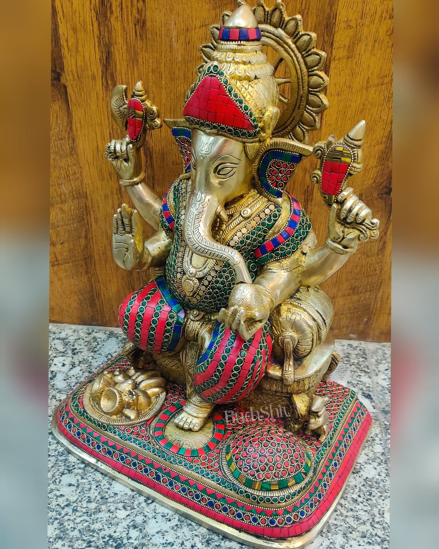 Handcrafted Brass Lord Ganesha Statue with Stonework - Big Size, Engraved Base 17" - Budhshiv.com