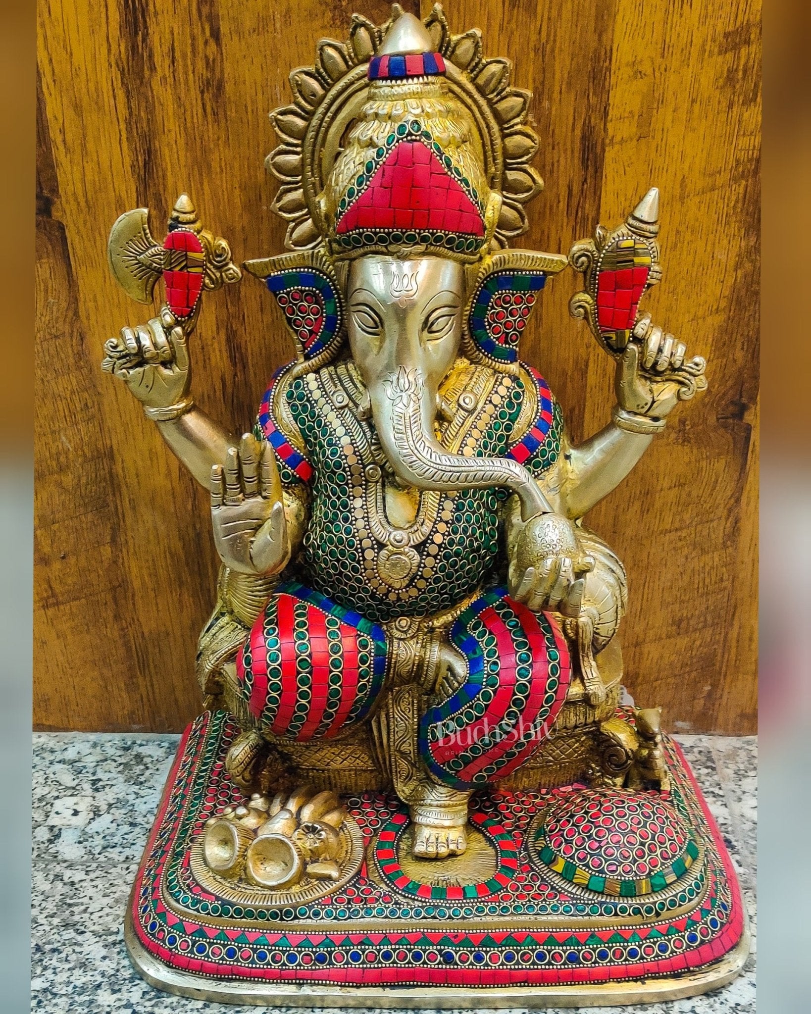 Handcrafted Brass Lord Ganesha Statue with Stonework - Big Size, Engraved Base 17" - Budhshiv.com