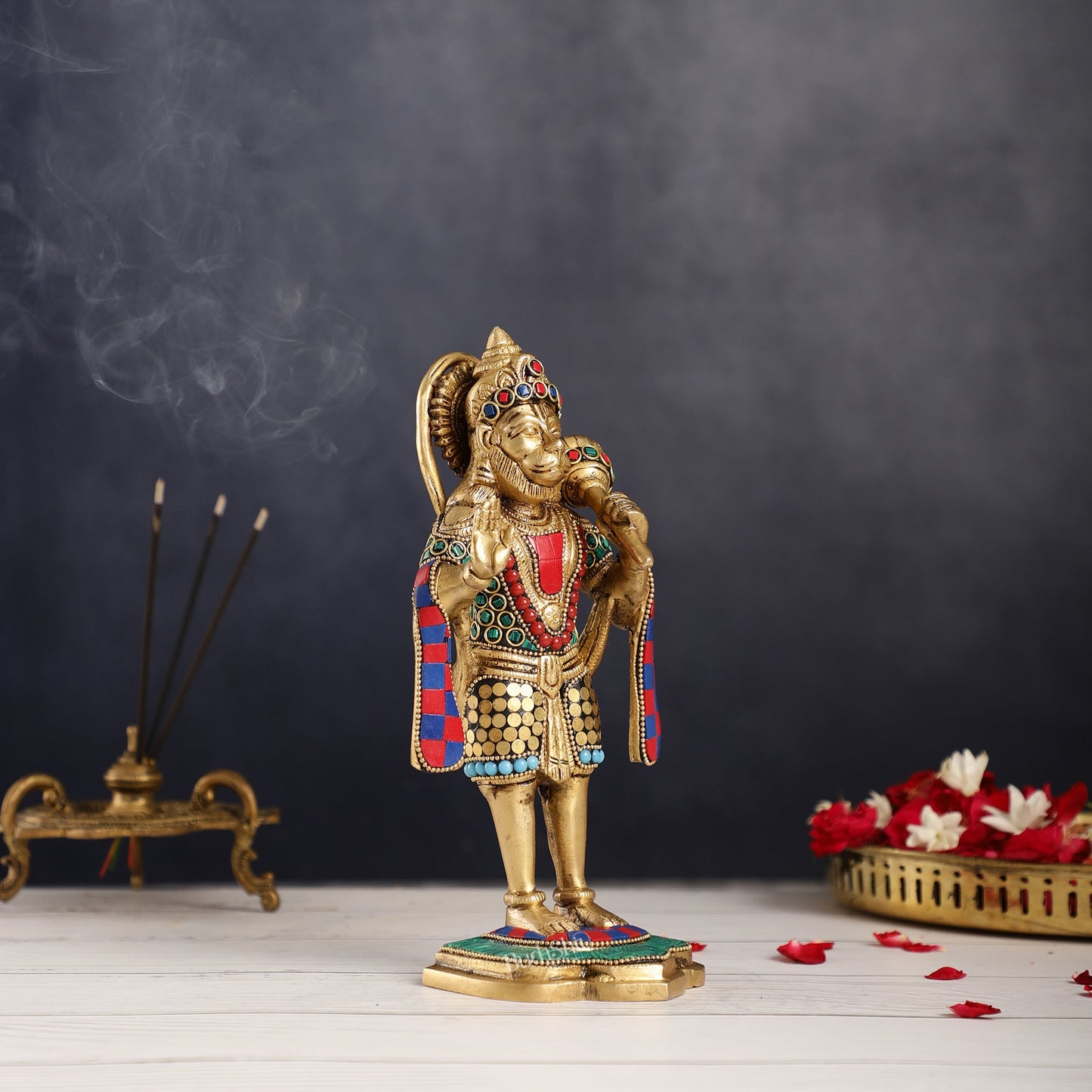 Handcrafted Brass Lord Hanuman Statue in Blessing Mudra - 8.5" Stonework - Budhshiv.com