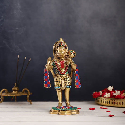 Handcrafted Brass Lord Hanuman Statue in Blessing Mudra - 8.5" Stonework - Budhshiv.com