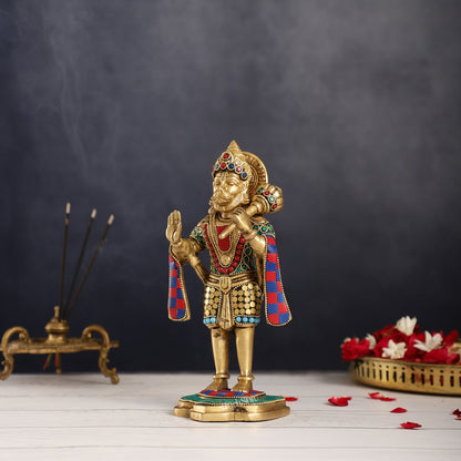 Handcrafted Brass Lord Hanuman Statue in Blessing Mudra - 8.5" Stonework - Budhshiv.com