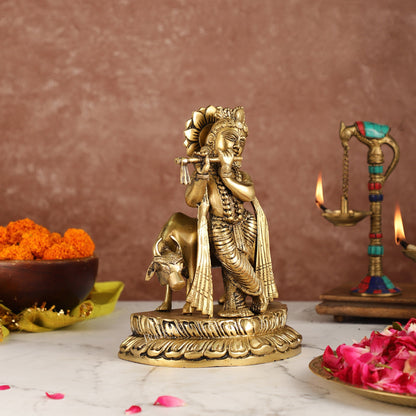 Handcrafted Brass Lord Krishna Playing Flute in Front of Cow | 9.5" Height - Budhshiv.com