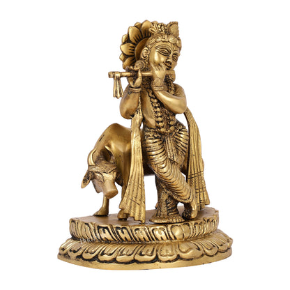 Handcrafted Brass Lord Krishna Playing Flute in Front of Cow | 9.5" Height - Budhshiv.com