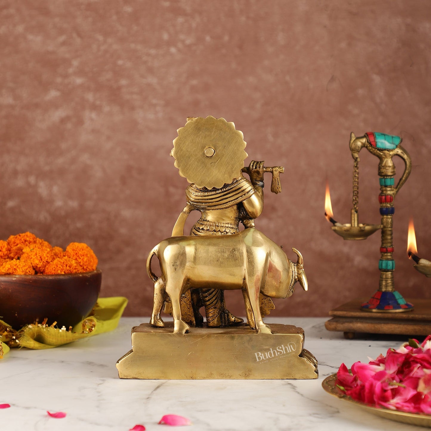 Handcrafted Brass Lord Krishna Playing Flute in Front of Cow | 9.5" Height - Budhshiv.com