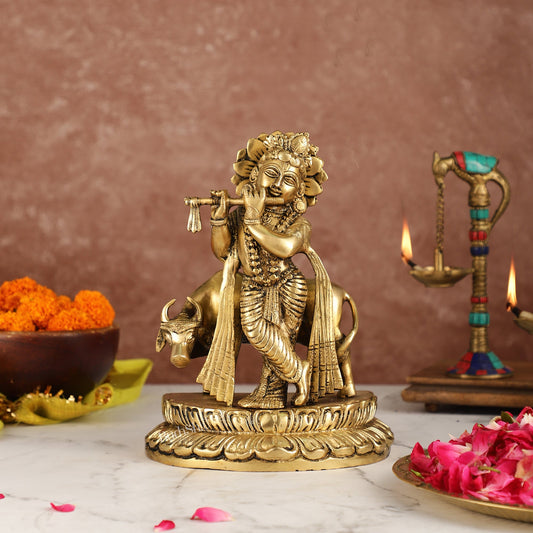 Handcrafted Brass Lord Krishna Playing Flute in Front of Cow | 9.5" Height - Budhshiv.com