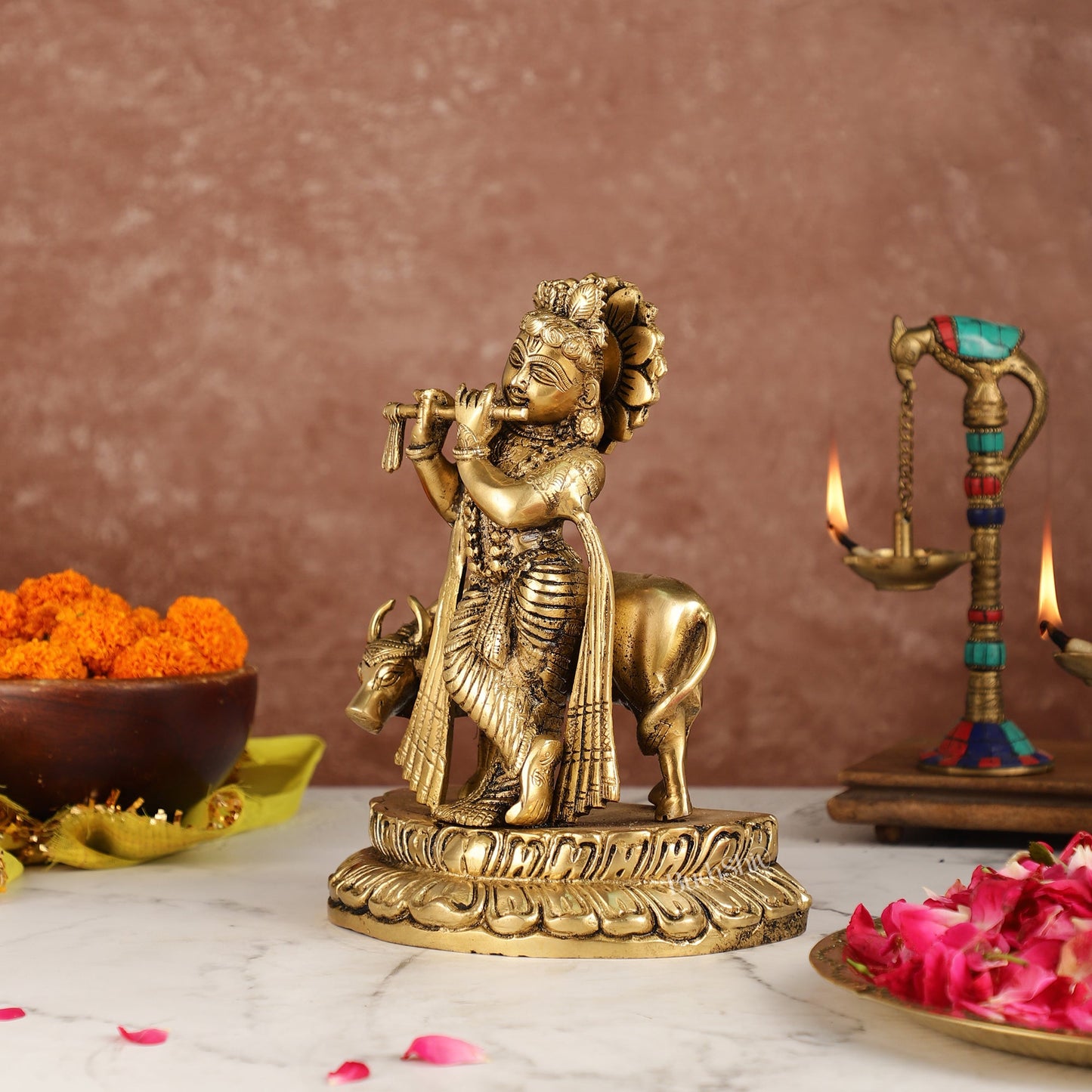 Handcrafted Brass Lord Krishna Playing Flute in Front of Cow | 9.5" Height - Budhshiv.com