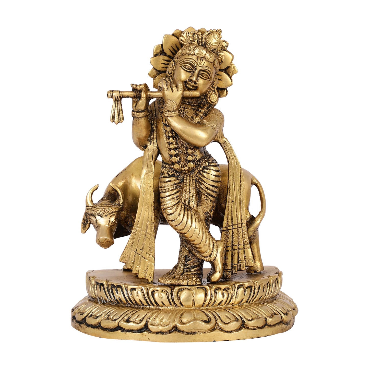 Handcrafted Brass Lord Krishna Playing Flute in Front of Cow | 9.5" Height - Budhshiv.com