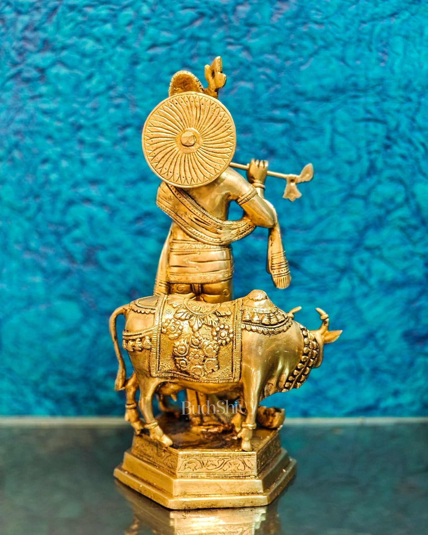 Handcrafted Brass Lord Krishna Playing Flute with Cow and Peacock | 16.5" Height - Budhshiv.com