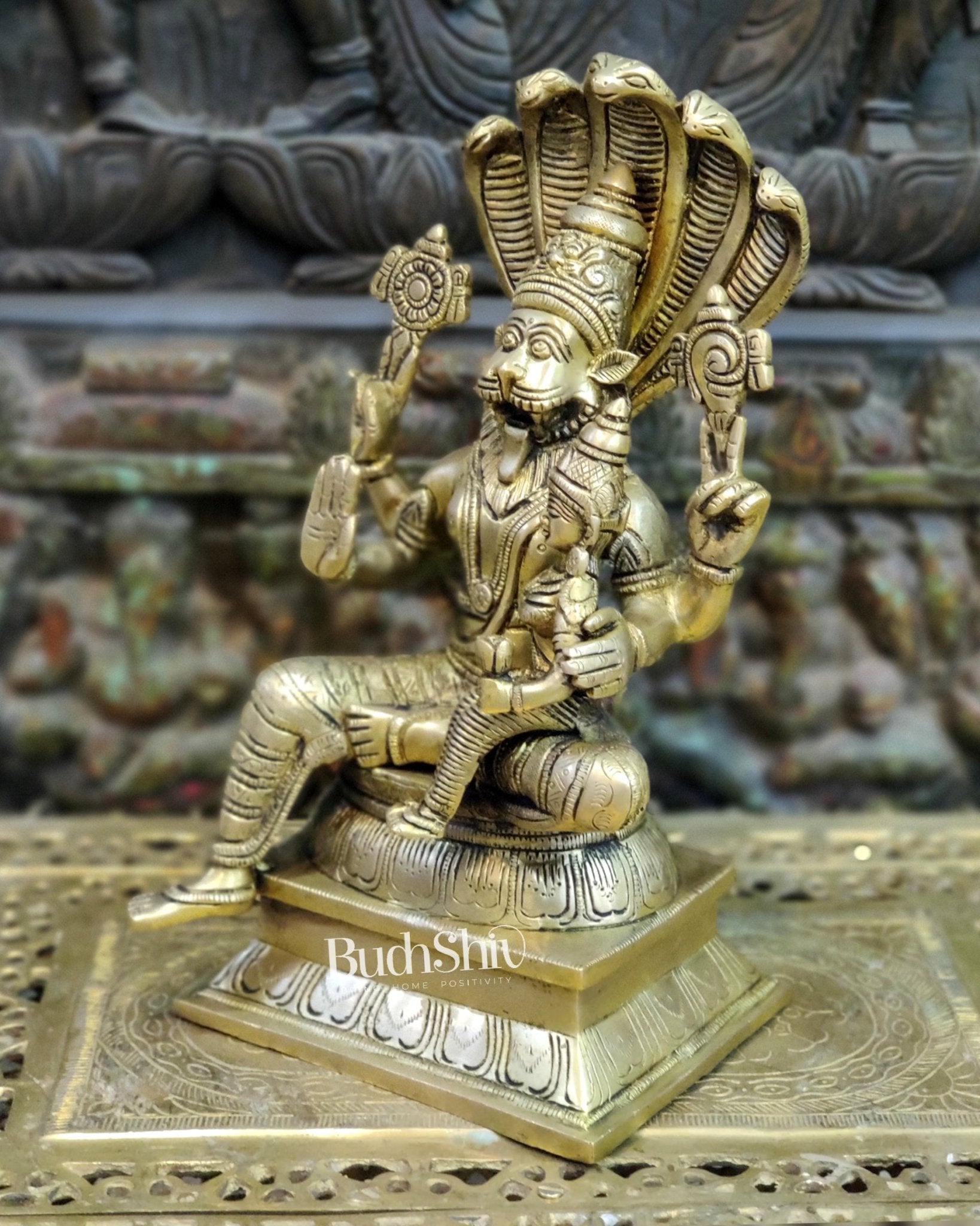 Handcrafted Brass Lord Narasimha with Goddess Lakshmi - 12.5" Height - Budhshiv.com