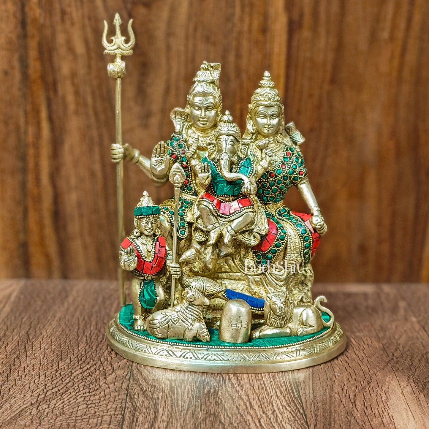 Handcrafted Brass Lord Shiva Parivaar Idol 9.5" with stonework - Budhshiv.com